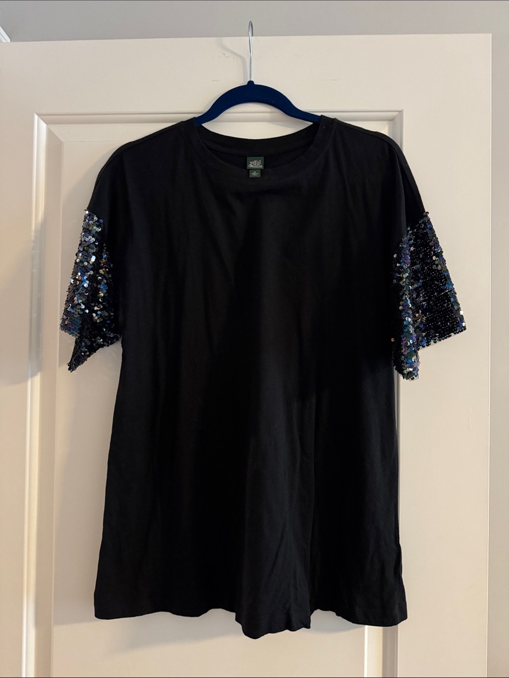Black Tee with Sequin Short Sleeves